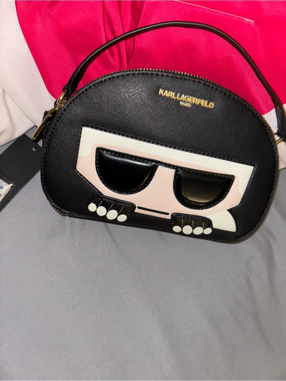 Karl Lagerfeld Black Dome Crossbody with Cream & Blush Face Appliqué